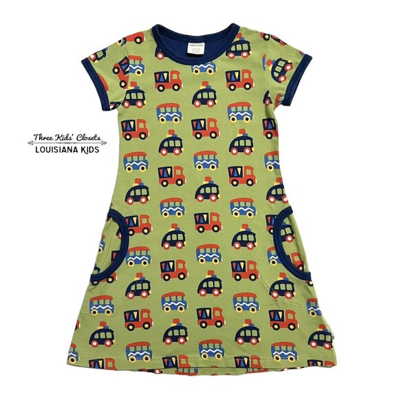 Maxomorra Sz 110/116 (5-6Y) Organic Green Colorful Vehicles Dress - Picture 1 of 6